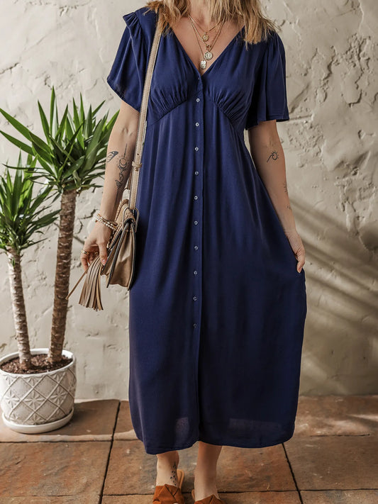 V Neck Buttoned Front Shirred Back Short Sleeve Midi Dress Navy