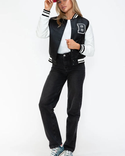Love Me Now PU Leather Contrast Snap Down Bomber Jacket