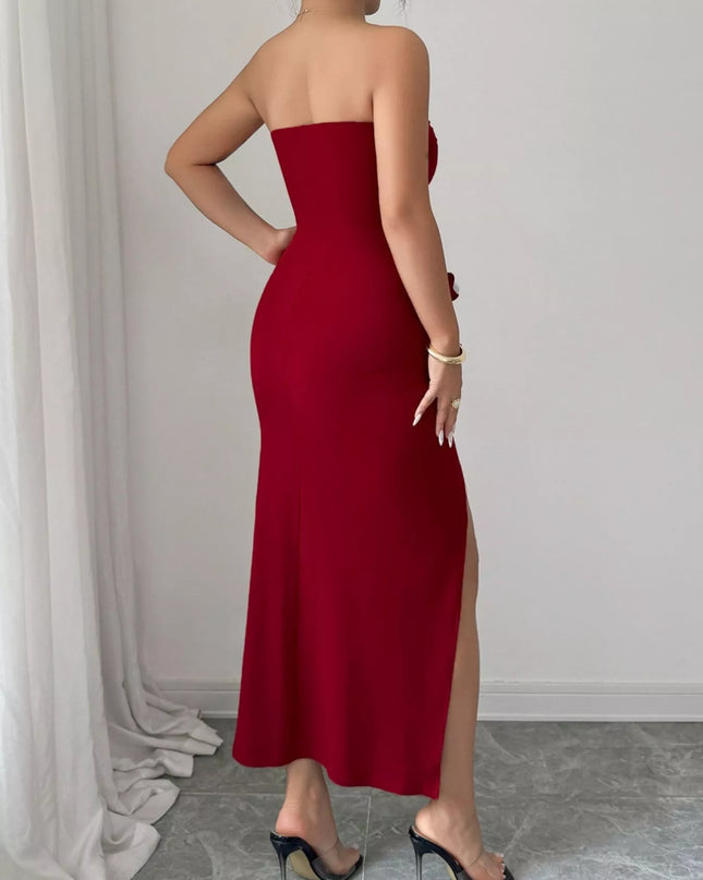 Front Split Strapless Dress with Floral Detail