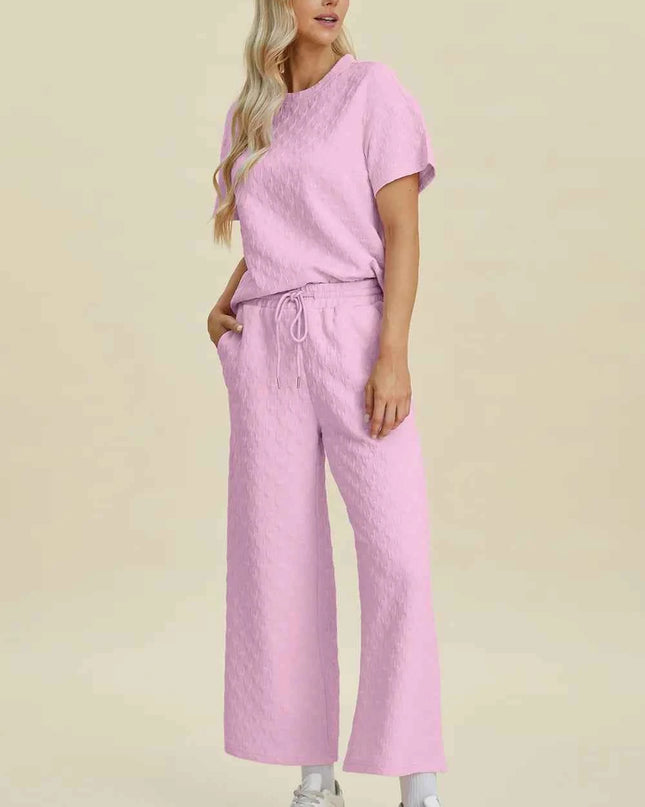 Double Take Full Size Texture Round Neck Short Sleeve Top and Pants Set