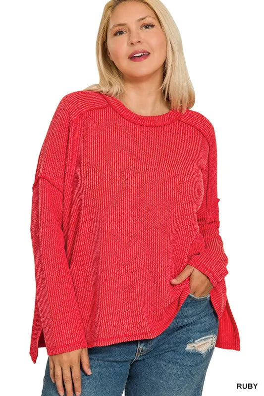 Zenana Full Size Exposed Seam Long Sleeve Corded Rib Knit Top Plus Size