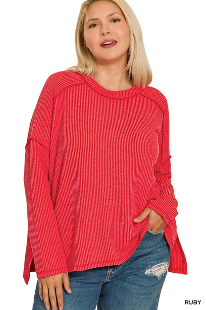 Zenana Full Size Exposed Seam Long Sleeve Corded Rib Knit Top Plus Size