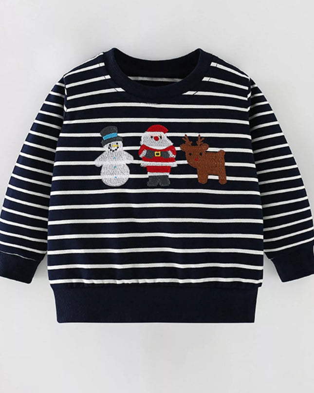 Children's Christmas Embroidered Striped Sweatshirt Black