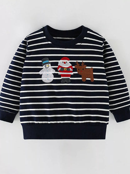 Children's Christmas Embroidered Striped Sweatshirt Black