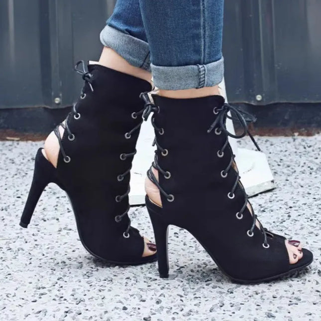 Peep Toe Lace-Up High Heel Boots Black
