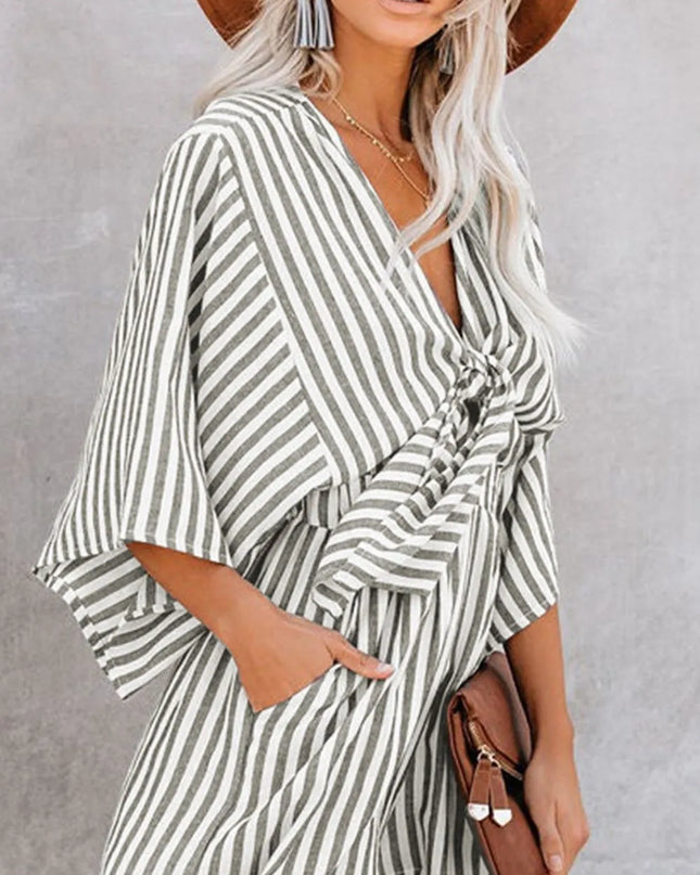 Bow Striped Kimono Sleeve Romper