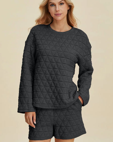Double Take Full Size Texture Round Neck Long Sleeve Top and Shorts Set Black