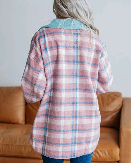 Plaid Collared Neck Flap Pockets Shacket