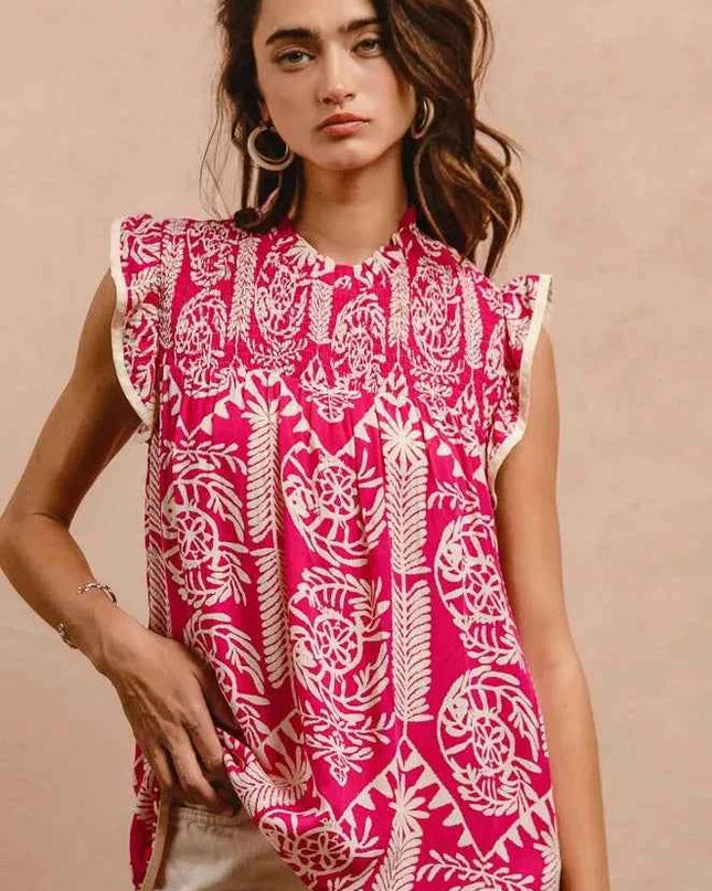 BiBi Printed Ruffle Sleeve Top