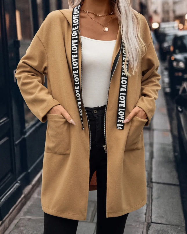 Letter Print Strap Zip Up Hooded Trench Coat