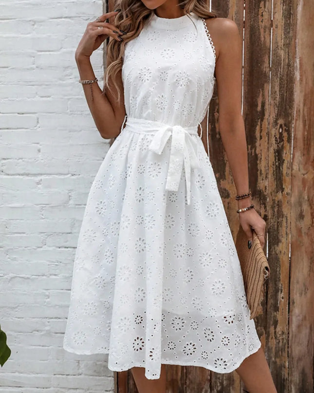 Eyelet Grecian Neck Tie Waist Midi Dress