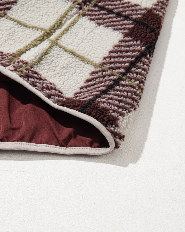 Plaid Buttoned Stand Collar Fleece Jacket