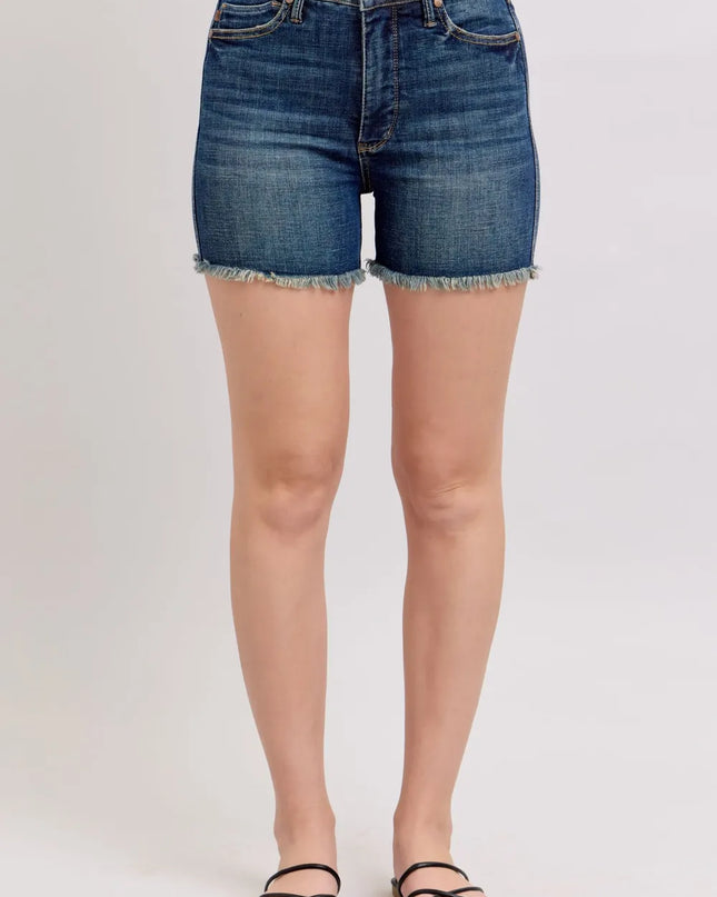 Judy Blue Tummy Control Fray Hem & Shield Back Pockets Denim Shorts Dark