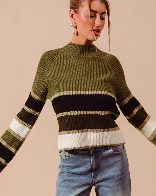 SO ME Multi Color Striped Mock Neck Sweater
