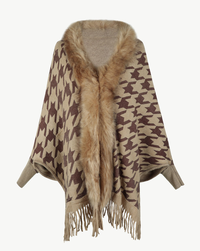 Houndstooth Fringe Hem Poncho Khaki One Size