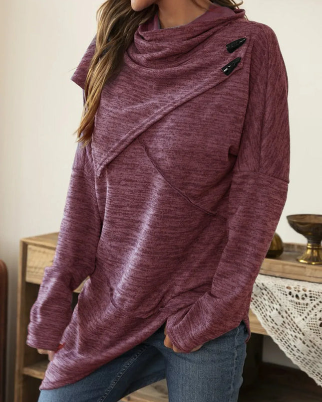 Asymmetrical Hem Cowl Neck Long Sleeve T-Shirt