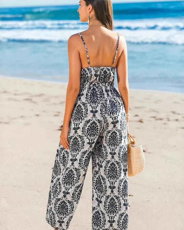Printed Spaghetti Strap Beach Jumpsuit