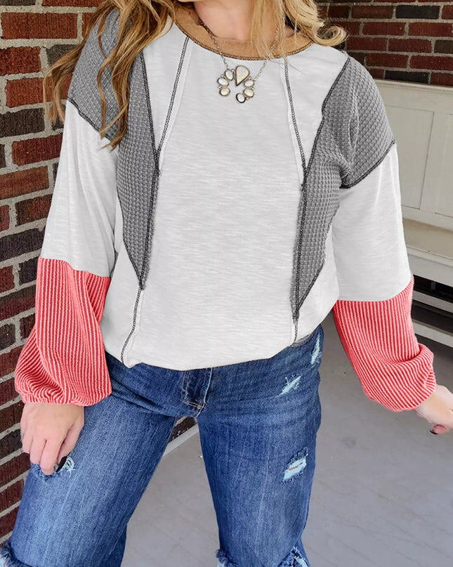 Color Block Textured Knit Patchwork Casual Top White