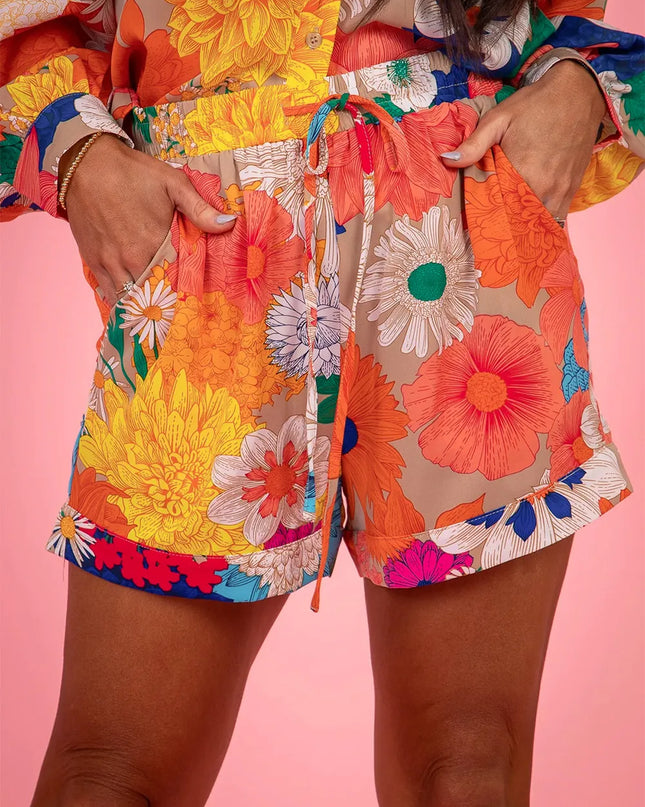Printed Button Up Long Sleeve Top and Shorts Set