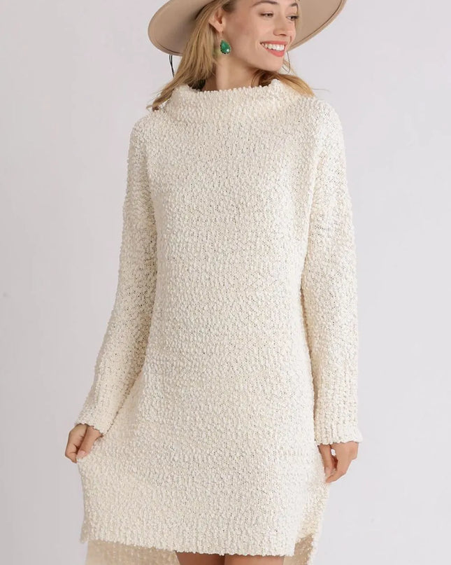 Umgee Full Size High Low Long Sleeve Boucle Sweater Dress Plus Size Cream