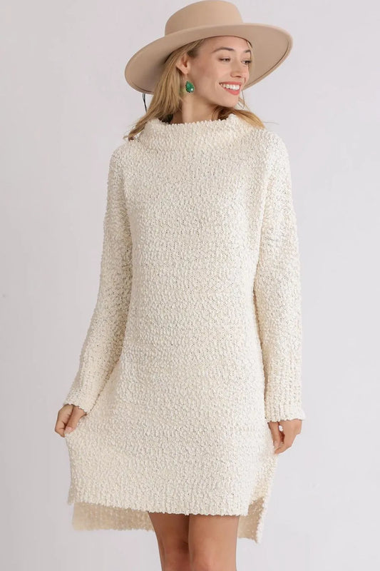 Umgee Full Size High Low Long Sleeve Boucle Sweater Dress Plus Size Cream