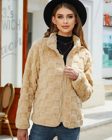 Fuzzy Checkered Zip Up Jacket Tan