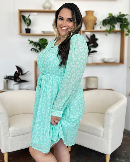 Double Take Full Size Printed Ruched V-Neck Long Sleeve Dress