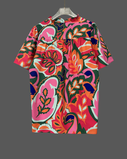 Printed Tie Neck Short Sleeve Blouse