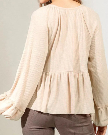 Notched Balloon Sleeve Peplum Blouse