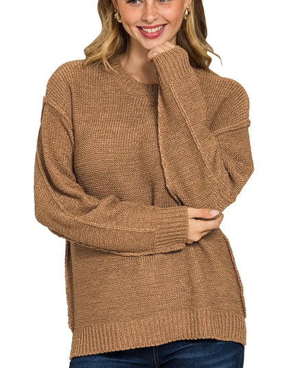 Zenana Exposed Seam Round Neck Sweater DEEP CAMEL