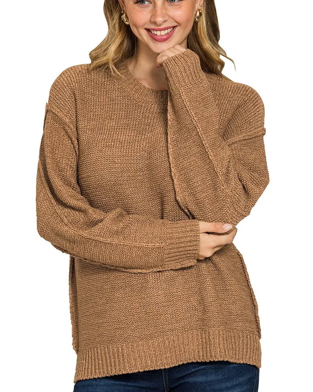 Zenana Exposed Seam Round Neck Sweater DEEP CAMEL