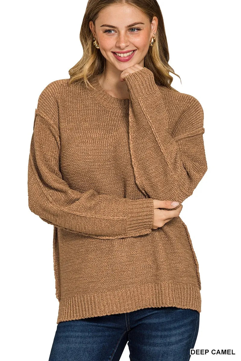 Zenana Exposed Seam Round Neck Sweater DEEP CAMEL