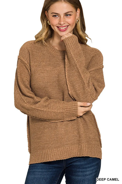 Zenana Exposed Seam Round Neck Sweater DEEP CAMEL