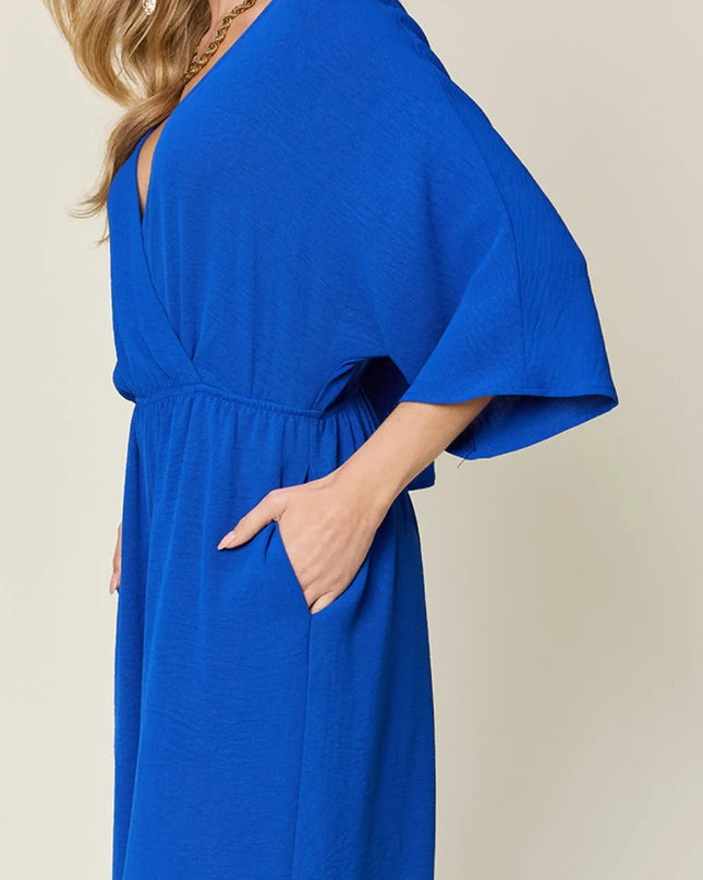 Double Take Full Size Surplice Wide Leg Jumpsuit with Pockets