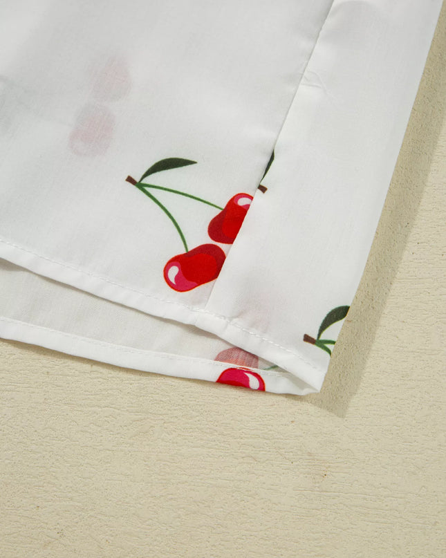 Cherry Print Flounce Sleeve Collared Frilled Babydoll Blouse