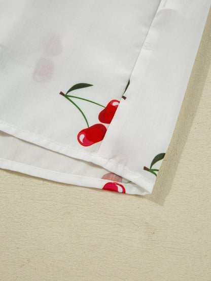 Cherry Print Flounce Sleeve Collared Frilled Babydoll Blouse