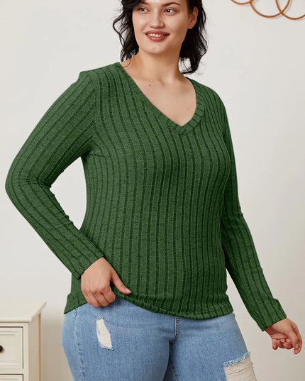 Basic Bae Full Size Ribbed V-Neck Long Sleeve T-Shirt