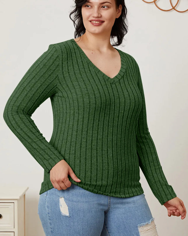 Basic Bae Full Size Ribbed V-Neck Long Sleeve T-Shirt