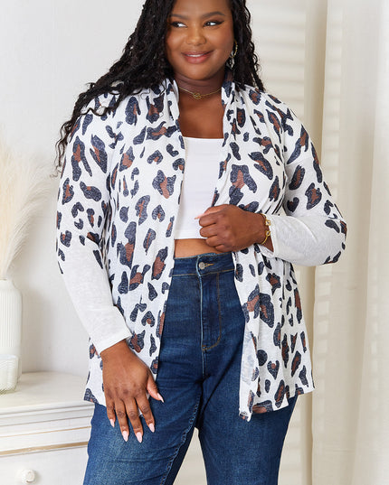 Double Take Leopard Long Sleeve Cardigan White