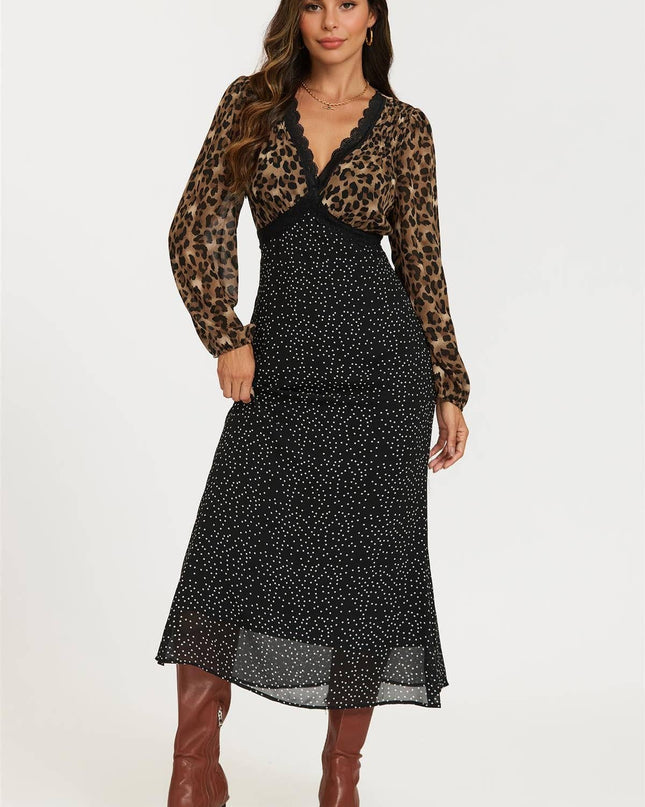 Black Dot & Brown Leopard Print Long Sleeve Maxi Dress XL Animal