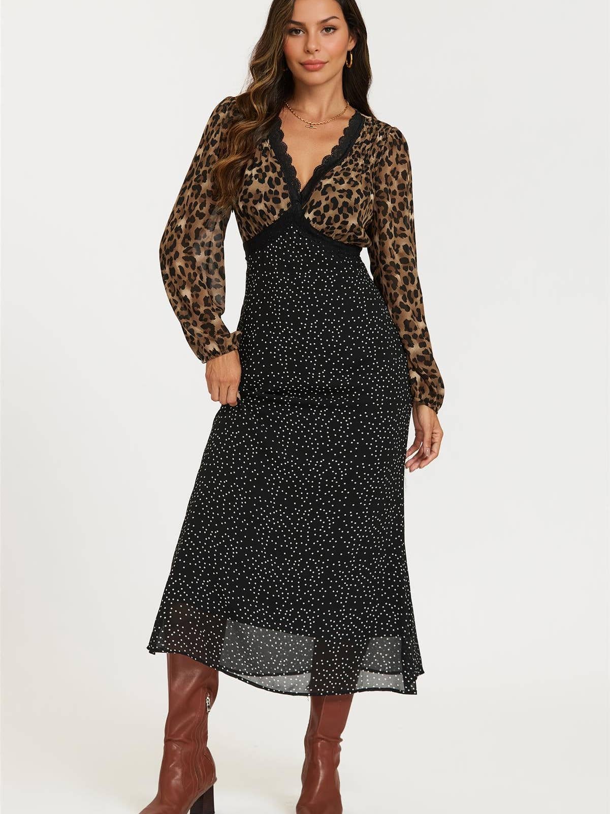 Black Dot & Brown Leopard Print Long Sleeve Maxi Dress XL Animal