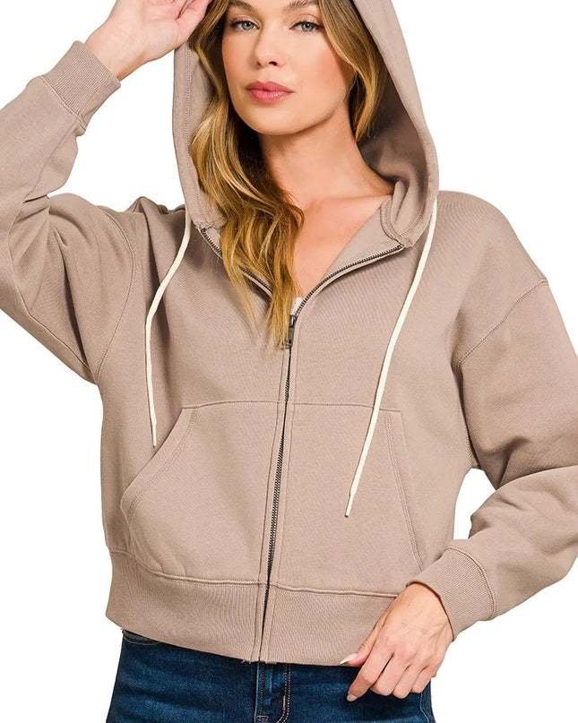Zenana Fleece Cropped Zip-up Hoodie with Pockets COCOA