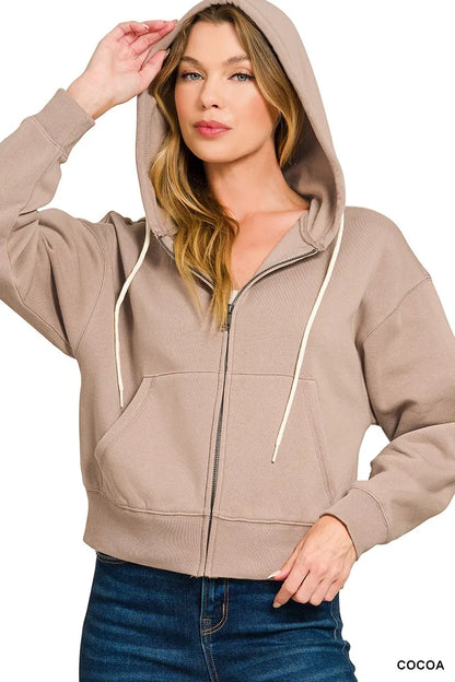 Zenana Fleece Cropped Zip-up Hoodie with Pockets COCOA