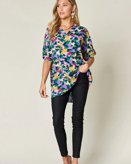 Double Take Full Size Printed V-Neck Short Sleeve Side Slit Top