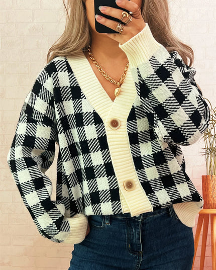 Plaid Button-Down Cardigan Gray white One Size