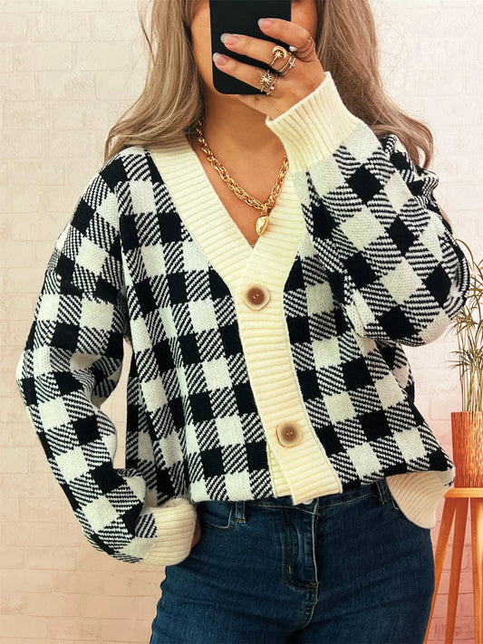 Plaid Button-Down Cardigan Gray white One Size