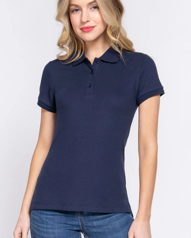 ACTIVE BASIC Full Size Classic Short Sleeve Polo Top NAVY