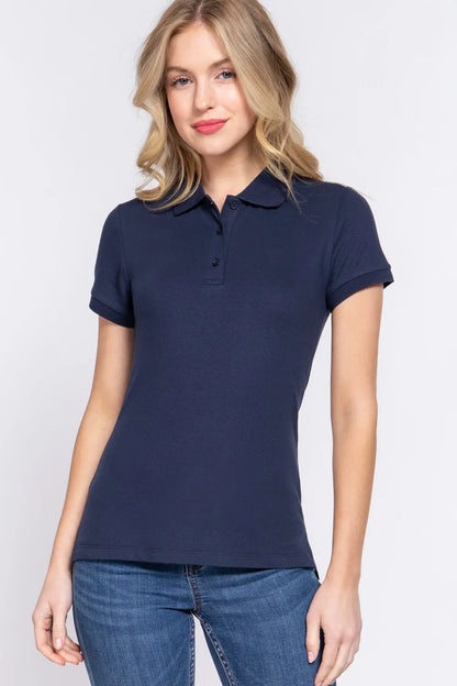 ACTIVE BASIC Full Size Classic Short Sleeve Polo Top NAVY