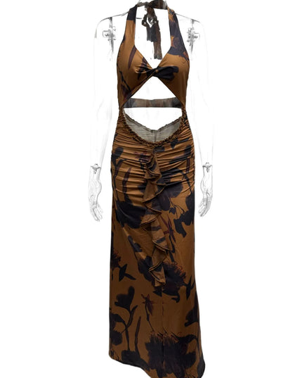 Cutout Printed Halter Neck Maxi Dress