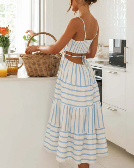 Cutout Striped Tiered Summer Midi Dress 